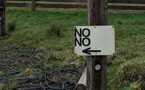A handmade sign on a telephone pole in front of a wood-fenced grassy field

Sign reads

NO
NO
       <-----