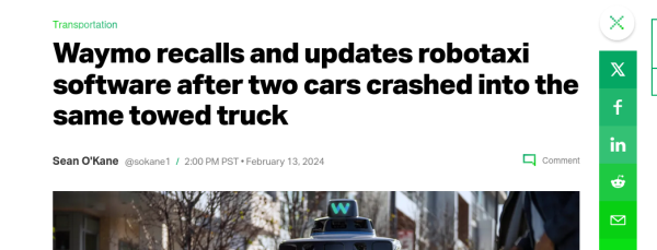 Waymo recalls and updates robotaxi software after two cars crashed into the same towed truck