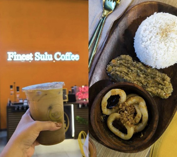 Left is a cup of iced coffee in front of the sign that says Finest Sulu Coffee. Right is a wooden plate with rice, squid in a bowl, and eggplant ensalada.