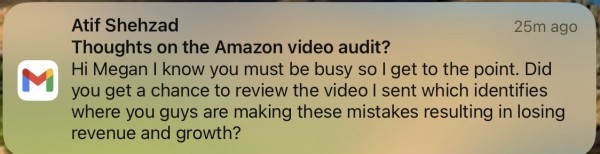 Screenshot of an email notification asking Megan if she watched an unsolicited video that identifies how she is bad at her job.