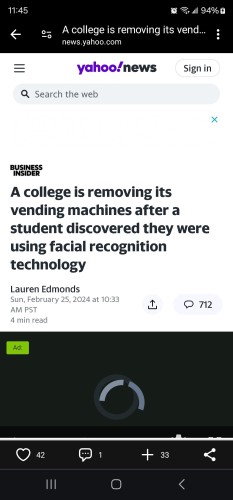 Screenshot of a yahoo news story titled "a college is removing its vending machines after a student discovered they were using facial recognition technology" 