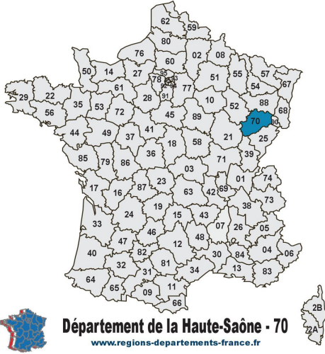 Carte de France indiquant les départements avec la Haute-Saône en bleu
