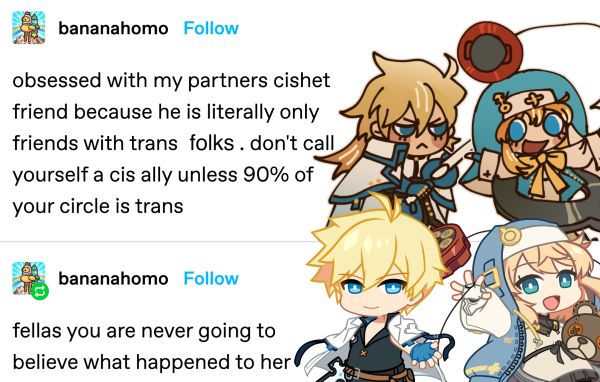 a two-part tumblr post by user banana homo. i've added chibi both from guilty gear -strive- and from the unofficial guilty gear xx Λ core collection made by https://launcelot.neocities.org/. it now reads as follows.

Ky from GGXX, standing next to Bridget: obsessed with my partners cishet friend because he is literally only friends with trans folks. don't call yourself a cis ally unless 90% of your circle is trans
Ky from GGST, still standing next to Bridget: fellas you are never going to believe what happened to her