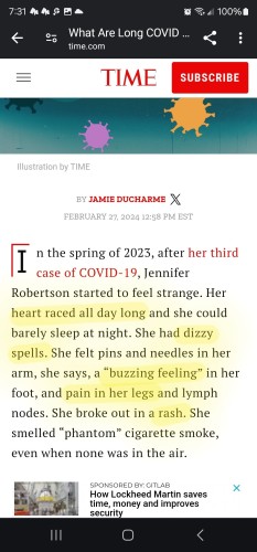 Screenshot of the first paragraph in the post, with [] added by me for symptoms I also experienced.

"In the spring of 2023, after her third case of COVID-19, Jennifer Robertson started to feel strange. [Her heart raced all day long] and she could barely sleep at night. [She had dizzy spells] . She felt pins and needles in her arm, she says, a [“buzzing feeling” in her foot,] and [pain in her legs] and lymph nodes. She [broke out in a rash]. She smelled “phantom” cigarette smoke, even when none was in the air."