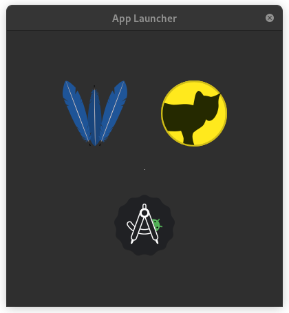 A screenshot of a small GTK app window of size 400 by 400. The title is "App Launcher". There are 3 logos in the window. Feather Wiki, Tiddly Wiki desktop and Android Studio.