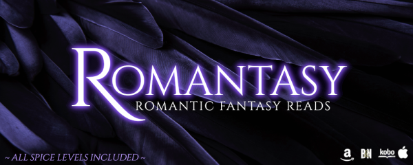 A blanket of blackish purple feathers forms the background for glowing purple lettering reading: Romantasy: Romantic Fantasy Reads

All spice levels included