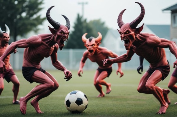 A group of horned red demons are playing football