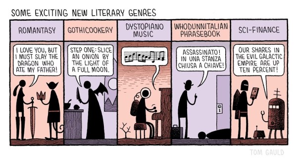 Examples of new genres.
Romantasy:  A warrior says to her friend, "I love you, but I must slay the dragon who ate my father!"
Gothicookery: A vampire is following a recipe, "Step one: slice an onion by he light of a full Moon."
Dystopiano music: an astronaut is playing the piano.
Whodunnitalian phrasebook: A man standing over a dead body says, "Assassinato! In una stanza chiusa a chiave!"
Sci-finance: A robot tells a man in a rocket-man outfit who's holding a pamphlet, "Our shares in the evil galactic empire are up ten percent!"