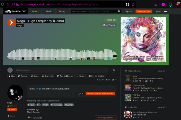 Screencap of the artist's song, from the streaming website Soundcloud.

Artist: Noga
Track: High Frequency
Genre: PsyTrance
URL: https://soundcloud.com/nogaofficial/noga-high-frequency-demo