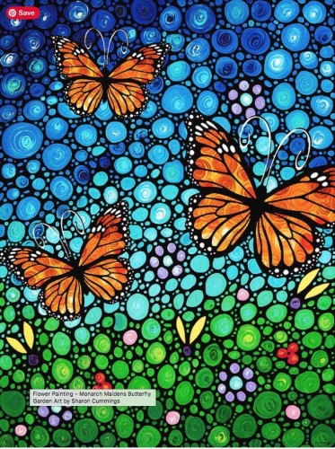 Monarch butterflies on a blue sky in a garden of green and yellow flowers in a unique mosaic style by artist and poet Sharon Cummings.  Haiku in post.
