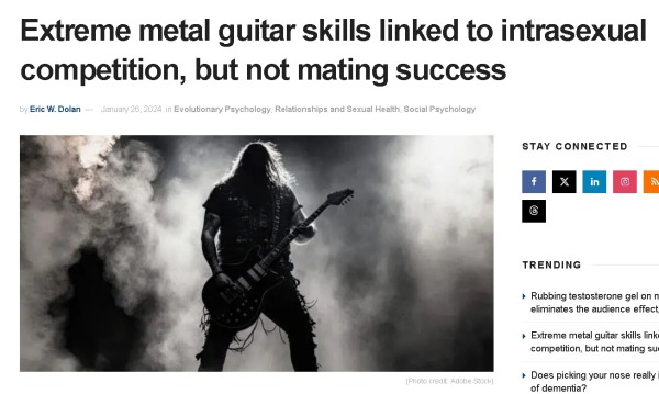 Screenshot of linked page. Includes stylised image of a musician emphasising their grimness and headline: "Extreme metal guitar skills linked to intrasexual competition, but not mating success" 