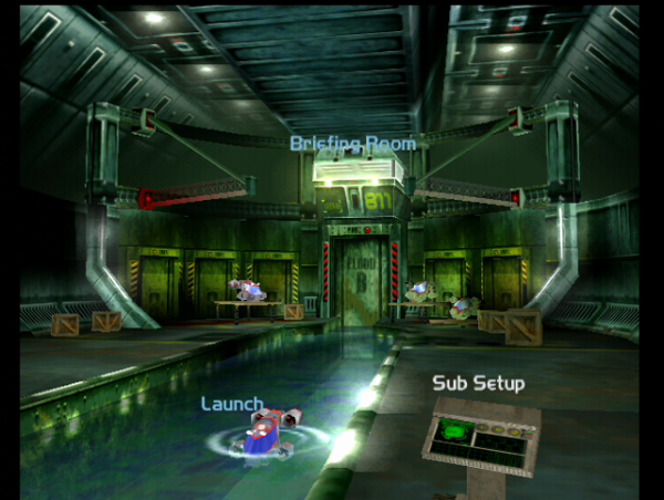 A screenshot from the sega dreamcast game Deep Fighter, showing a submarine loading bay.
