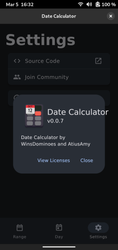 The about page of Date Calculator app on GNOME Shell mobile