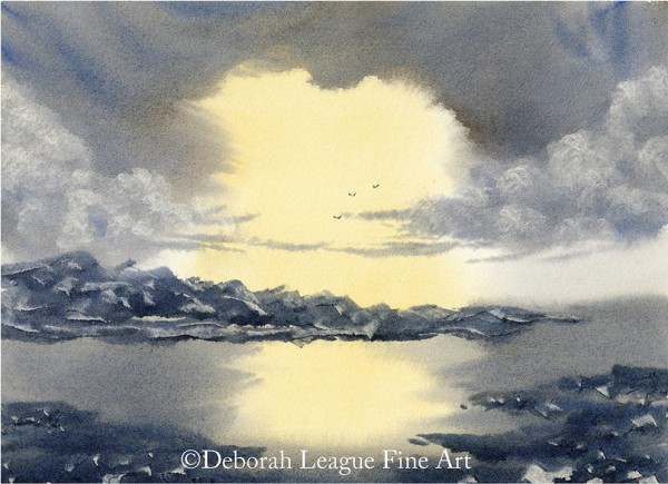 Daybreak Over Rugged Landscape Watercolor Print. Somewhere far away and remote is a land of jagged mountain peaks dusted with snow. They surround a large grey ocean like a thorny crown and their foothills rush down to the cold water's edge. The pale yellow light of daybreak reflects on the water as it breaks through a receding night sky, broken by clouds and birds in flight.

Allow yourself be drawn into the painting by following the sun's reflection on the water deep into the landscape. Imagine the sounds such a vast and unspoiled location might produce - wind, waves, the rush of large bird wings overhead or their distant call. Feel the cold and sense the hope and renewal that each breaking dawn brings to even the most desolate of places. This is an image uncluttered with life's daily distractions. Use it to relax and clear your mind.