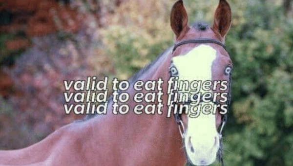 Meme image: uncanny photo of a horse with forward facing eyes and the text "valid to eat fingers" overlapping itself in triplicate. 