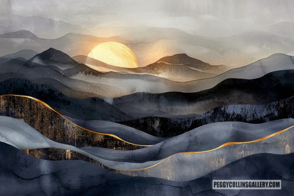 Artwork of a full moon rising behind a landscape of blue, purple and gold-tinged mountains, by artist Peggy Collins.