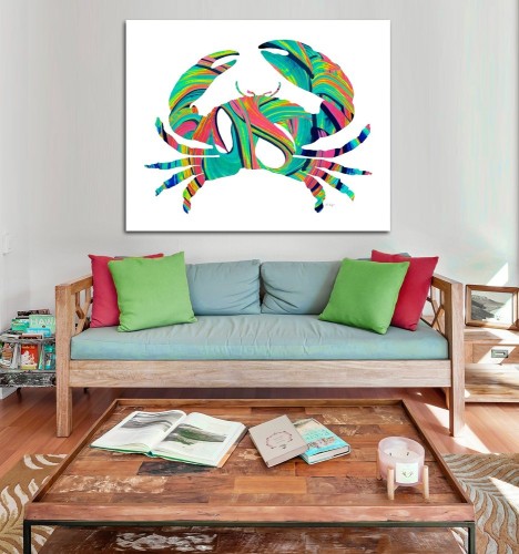Colorful stone crab on crisp white in a furniture decor room.  Art by Sharon Cummings.