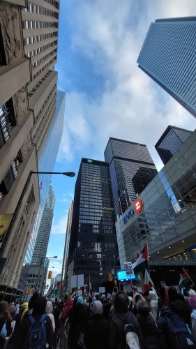 An image of the sky peeking through a bunch of skyscrapers. Near the ground, the backs of protesters are visible.