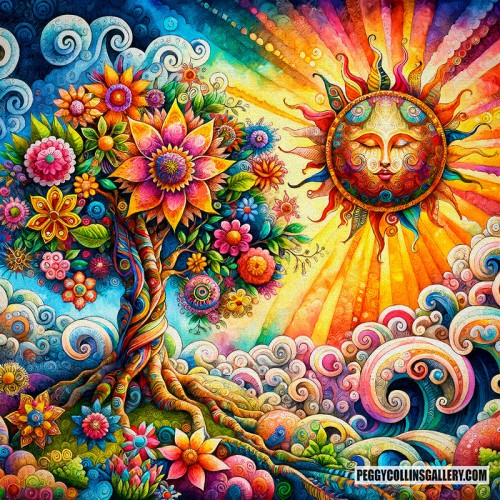 Colorful artwork of a tree of life in summer with a whimsical sun shining down on a landscape of flowers, by artist Peggy Collins.