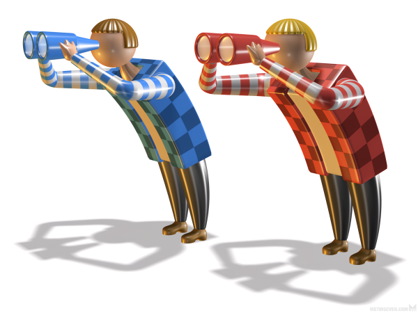 Stylized 3D illustration, showing two different-colored figures looking through binoculars.