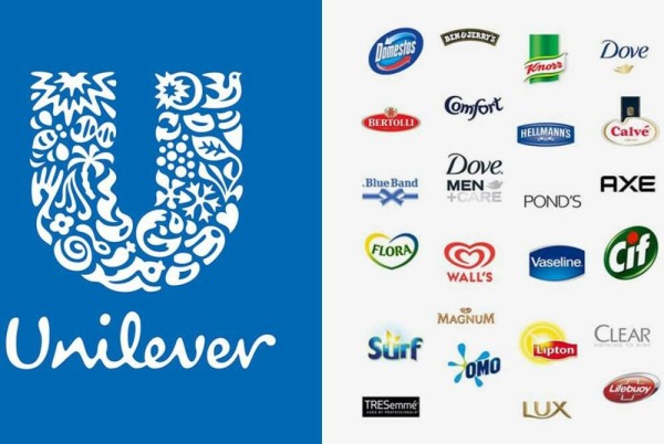 image of Unilever logo, and various brands from the company, including but not limited to, well known US grocery - Bertolli, Dove, Pond's, Axe, Ben & Jerry's, Lipton