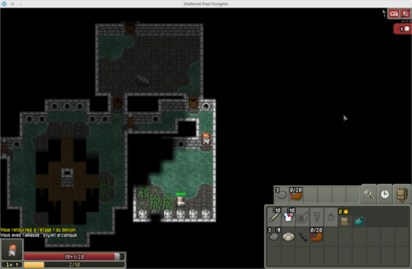 🕶️ A top view of part of a partially flooded underground (1st basement=sewers) - procedurally generated and with fog of war, where the protagonist (me) enters a room with a guard. At the bottom right of the interface is the inventory, at the bottom left the player's statistics, at the top right access to the menus and the current version of the game (v.1.2.0).

📚️ Shattered Pixel Dungeon is a fork of Pixel Dungeon, and a traditional turn-based dungeon crawler RPG, libre and multi-platform, with pixel art graphics, great diversity and re-playability. Each game is unique, with 5 hero classes, each with 2 subclasses, 3 endgame abilities and over 25 talents, equipment that can be enchanted and upgraded, 5 dungeon regions, 26 floors, 100 room types and trillions of possible floor layouts, 60 enemy types, 30 traps, 5 bosses, 9 optional challenges and over 100 achievements. A RPG with a simple approach, but with great depth, where strategy is essential to win! Once again, an absolute must-try!