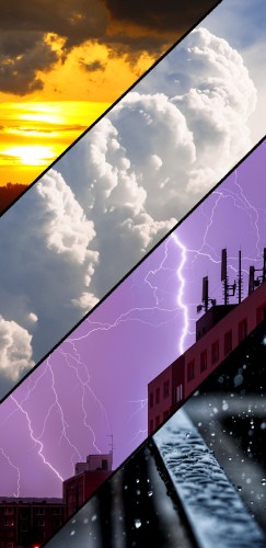 Four photos of storm-related imagery arranged vertically in the colors of the nonbinary flag. From top to bottom the images are of a yellow stormy sunset, white cumulus clouds, purple lightning over some buildings, and rain on a black handrail.