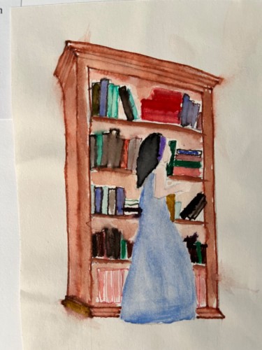 Watercolour painting of a woman in a long blue dress standing in front of a brown bookcase filled with colourful books. 