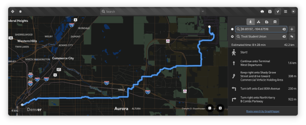 GNOME Maps showing walking directions between the Denver international airport and the GUADEC 2024 venue. The one-way estimate shown is 9 hours of walking, or 2 hours of biking. There is no horse-riding estimate.