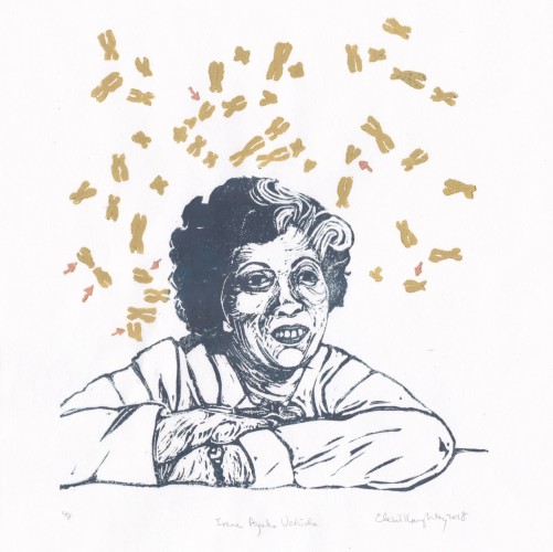 Linocut portrait of geneticist Irene Ayako Uchida (handsome, middle age woman of Japanese heritage with curly hair with a white streak on her right temple, with an open, thoughtful face) leaning on folded arms in a white button down shirt with a small watch with double-helix watchband on her wrist, in dark teal-grey ink. She is surrounded by chromosomes in gold, from one of her papers. The anomalous ones are pointed out with small pink arrows.