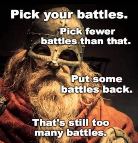 Picture of a bearded Norse(?) Warrior (maybe someone from a Fantasy canon or smth, idk) with lines of text on top reading:
"Pick your battles"
"Pick fewer battles than that"
"Put some battles back"
"That's still too many battles"