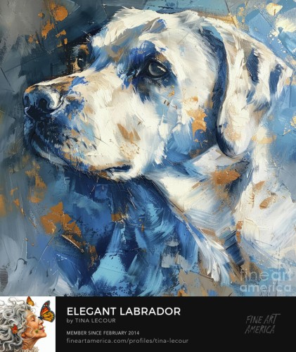 This is a digital mixed media painting of a portrait of a white Labrador Retriever dog done in shades of white, blue and gold.  