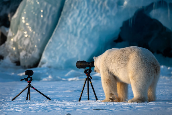 photo of the mentioned polar bear looking into the camera, some microphone or similar equipment on a tripod is just a few meters of the side of them.