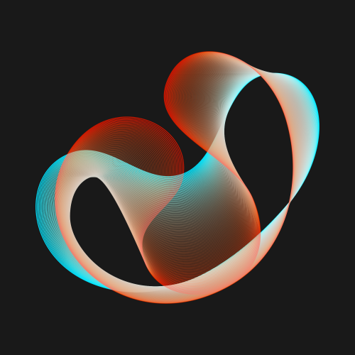 A wobbly shape made out of 100 closed curves with a dark background. The curves are calculated as the interpolation between two hobby curves, and the colors are interpolated between red and blue.