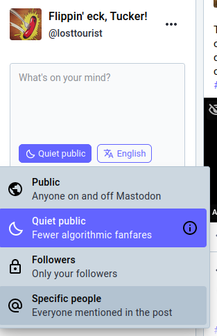 A screenshot of the Mastodon new post interface, showing that there is a new posting mode of 'Quiet public' 