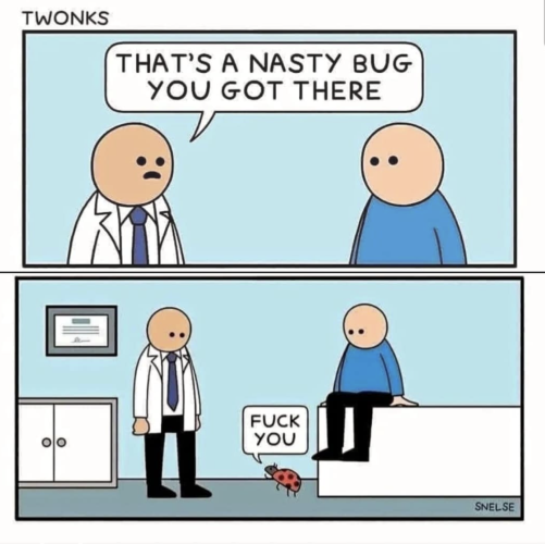 Two panel cartoon. Man talking to a doctor. 

1: Doctor “That’s a nasty bug you got there. “
2: Bug on floor “Fuck you”