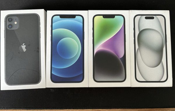 Apple iPhone boxes for the 11, 12, 14 and 15.