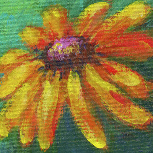 Flower of fantasy is a hand-painted acrylic painting in contemporary square format by Karen Kaspar.
A vibrant depiction of a yellow and orange flower is presented with bold and expressive brush strokes. The central part of the flower is rendered in shades of purple and brown, adding a vivid contrast to the warm petals.
