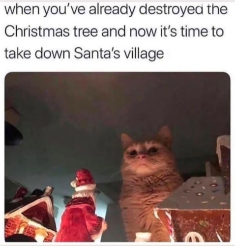 "When you've already destroyed the Christmas tree and now it's time to take down Santa's village"
An eviled eyed cat looming menacingly over a miniature Santa Claus village.