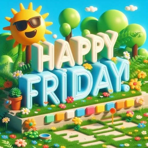 The image is a cheerful and colorful illustration with the words "Happy Friday!" prominently displayed in large, 3D-style letters. The background features a bright blue sky with a smiling sun wearing sunglasses. The scene is set in a vibrant, cartoon-like garden with green trees, bushes, and various colorful flowers. There is also a small pathway and a row of multicolored blocks at the bottom of the image, adding to the playful and festive atmosphere.