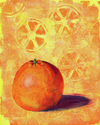 Dreaming of Orange Juice is an acrylic painting in portrait format, painted by the artist Karen Kaspar.
A single fresh juicy orange dreams of becoming delicious orange juice. The orange is realistically painted in a fresh orange colour. The background in yellow and orange tones is abstracted and you can recognize orange slices.