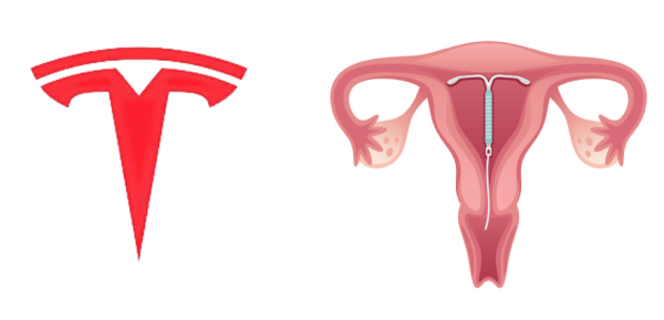 The Tesla logo beside an image of a uterus with an IUD