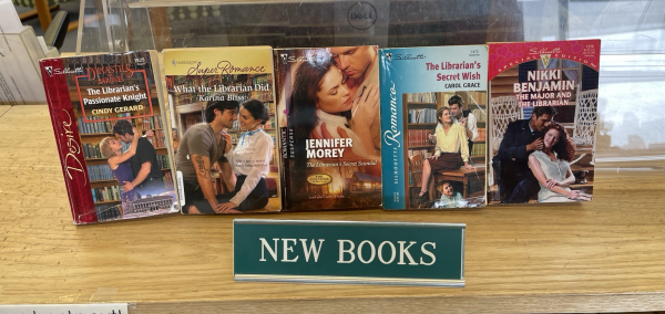 Steamy, romance, couples about librarians in front of a sign labeled new books