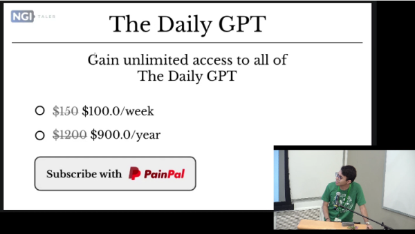Screenshot from the talk showing fictitious screenshot in 2050 of the The Daily GPT where the speaker hit the Paywal, and now has to pay a large amount using PainPal subscription.