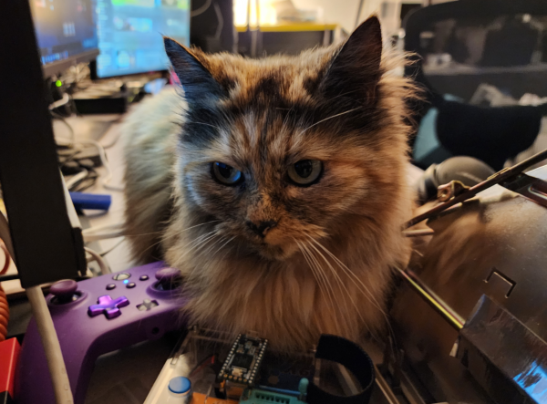 A brownish fluffy cat sitting on a somewhat messy desk. She's leaning up against a controller, some electronic parts, a CRT tube, and is sitting on some headphones