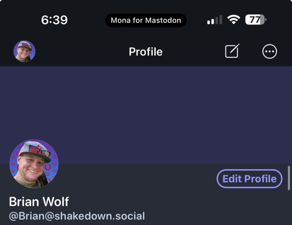 Example of issue from toot. Showing my profile image with no banner. Just purple.