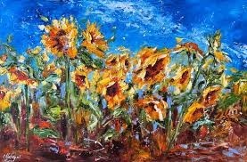 Oil painting of many tall yellow sunflower, standing in brown soil, with a deep blue sky, with a touch of light blue in it. 