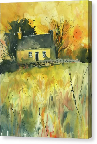 A quaint yellow house stands amidst a dreamlike setting with an explosion of warm colors in the background suggestive of either a vivid sunset or the rich hues of autumn. Tall, slender plants in the foreground add depth to the scene, while the black outlines give it a slightly abstract feel.