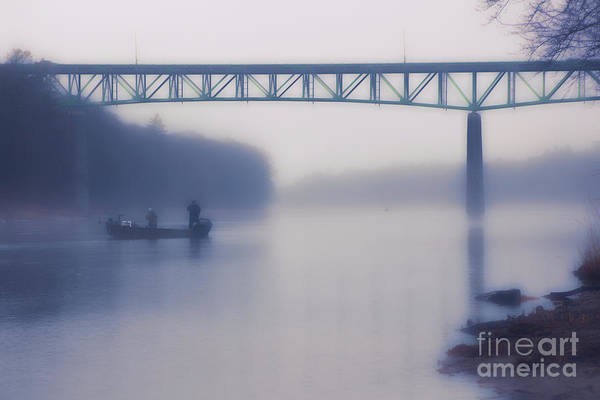 Photograph of fog over the Delaware River and two men in a fishing boat