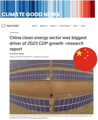Screenshot eines Reuters-Artikel der erklaert, dass der Clean Energy Sektor in China der groesste Wachstumstreiber ist.